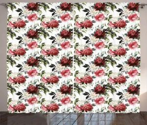 Штора ABAKUHAUS Country Rustic, акварельные розовые розы, присборенная тесьма для спальни с петлями и крючками, 280 x 225 см, темно-коралловый, каштаново-коричневый, кремовый и зеленый цвета Abakuhaus
