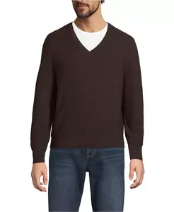 Мужской длинный рукав стираемая шерсть мериноса V-образный вырез свитер Lands' End, коричневый