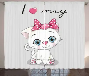 Штора ABAKUHAUS Котенок в деревенском стиле, мультяшный кот, универсальная тесьма для гостиной с петлями и крючками, 280 x 245 см, цвет: белый, серый, розовый Abakuhaus