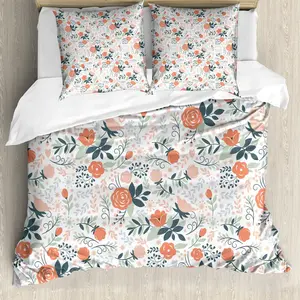 Пододеяльник ABAKUHAUS с цветочным принтом, в стиле шебби-шик, натуральный, ботанический, с защитой от клещей, подходит для аллергиков с наволочками, 155 см x 220 см - 80 x 80 см, цвет миндально-зеленый лосось Abakuhaus