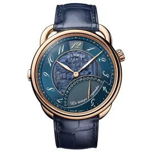 HERMES Мужские часы Arceau с автоподзаводом, механическим механизмом, ремешком из натуральной кожи, синим циферблатом 42 мм