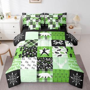 Erosebridal Комплект постельного белья Wildlife с принтом в стиле лесной тематики, включающим оленей, медведей и племенные символы, из мягкого материала зеленого цвета, Green