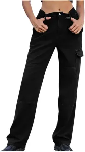 Женские джинсы-карго с широкими штанинами и высокой посадкой