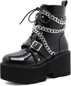 Женские готические ботильоны на платформе со шнуровкой, заклепками и массивной подошвой, модные панк-ботильоны Generic, Black -1