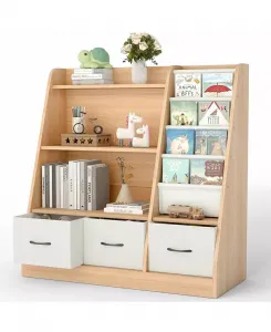 Деревянный органайзер для детских вещей с полкой для книг и тканевыми контейнерами Sugift, natural