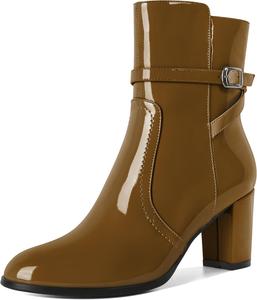 Женские ботильоны Mettesally с массивным каблуком, круглым носком и боковой молнией, осень-зима, высота каблука 7 см, Patent Brown