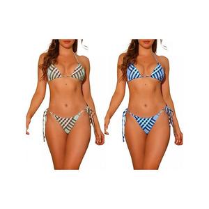 2 комплекта женского бикини-треугольника с завязками на шее и боках, клетчатый принт Inspire Chic, Blue Green