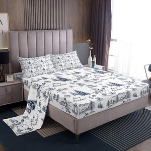 Erosebridal Комплект постельного белья с новогодним принтом голубые елки и снеговики, White Blue