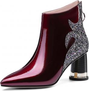 Женские ботильоны TinaCus из глянцевой лакированной кожи, ручной работы, с удобным каблуком-блоком, заостренным носком, молнией на щиколотке и блестящим узором, Burgundy