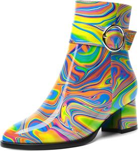 Женские ботильоны SKYSTERRY на молнии, модные, с лакированным носком, для улицы, с массивным низким каблуком, 2 дюйма, Blue Yellow Fluid