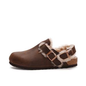 Женские тапочки с закрытым носком Devo Life, черная масляная вощеная кожа и черный мех