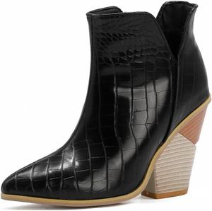 Женские ботильоны CoceMoce в стиле ковбой Western Cowgirl с высоким каблуком, зауженным носком, на молнии, короткие ковбойские ботинки с принтом под змею, осенне-зимние нарядные туфли, Black