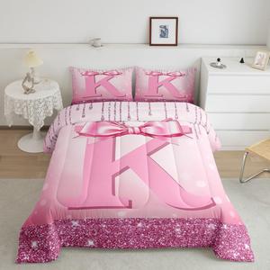 Erosebridal Комплект постельного белья Initial K с розовыми бантами и блестками в стиле кокетт для девочек, Pink K