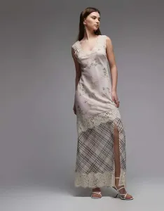 Розовое платье макси в клетку с асимметричным швом и кружевными рукавами ASOS DESIGN