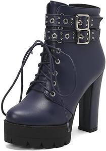 Готические женские ботильоны с пряжками и заклепками, массивные высокие каблуки, платформенные ботинки, шнуровка, панк-стиль, боевые ботильоны JMdfcqer, Blue