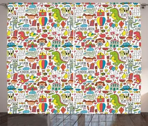 Штора ABAKUHAUS в деревенском стиле с рисунком динозавра, робота, кота, змея, присборенная штора из тесьмы для спальни с петлями и крючками, 280 x 225 см, белый, разноцветный Abakuhaus