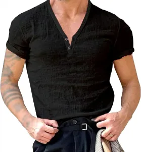 V-образный вырез хенли для мужчин, приталенный, короткий рукав, хлопок Gsywaipei