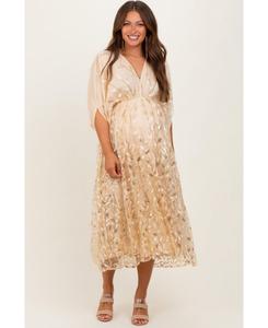 Платье для беременных, светло-золотистое, с вышивкой, из тюля, с V-образным вырезом, миди Pinkblush, Gold