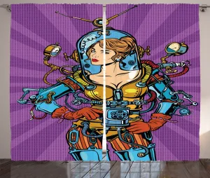 Штора ABAKUHAUS Fantasy Rustic, Фантастическая женщина из научной фантастики, для спальни, присборенная тесьма с петлями и крючками, 280 x 175 см, цвет: фиолетовый, небесно-голубой, бархатцы Abakuhaus