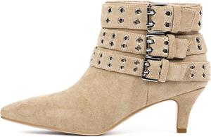 Женские ботильоны с заостренным носком и ремешками с пряжками, ботинки из искусственной замши с заклепками, каблук-кисет 2,4 дюйма, стильные короткие ботинки для осени и зимы, для улицы, работы и свиданий Pinokino, Beige