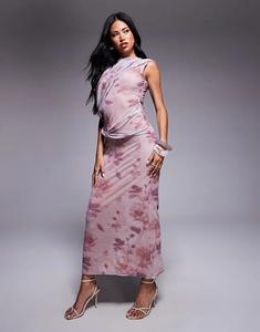 Платье миди на одно плечо с сетчатым принтом ASOS DESIGN, драпировкой и размытым цветочным принтом