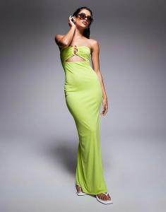 Эксклюзивное двухслойное облегающее платье-бандо Kaiia с золотой фурнитурой, декоративным элементом на груди и разрезом на бедре в цвете лаймово-зеленого цвета