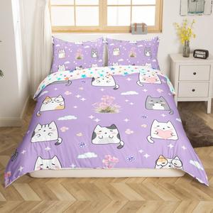 Erosebridal Комплект постельного белья Kawaii Cat с милыми котиками, цветами и бабочками, розово-фиолетовый, мягкий и легкий для любого сезона, Purple Pink White Grey