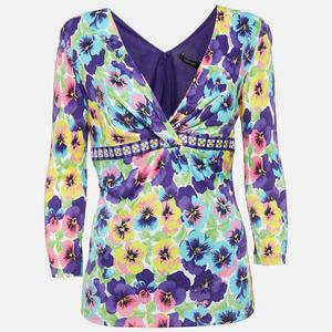 Футболка Versace с V-образным вырезом и длинными рукавами, разноцветный цветочный принт, трикотаж