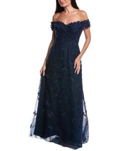 Тери Джон от Рики Фриман Платье с аппликацией бабочки Teri Jon by Rickie Freeman, синий