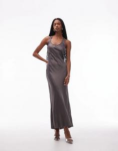 Платье макси с атласным вырезом ASOS DESIGN угольного цвета