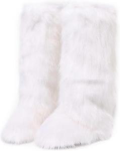 Женские сапоги с искусственным мехом, пушистые, до колена, зимние, с круглым носком, из замши, удобные, теплые, меховые, на плоской подошве, длинные, для девочек CryoSnowVale, Long White Fox Fur