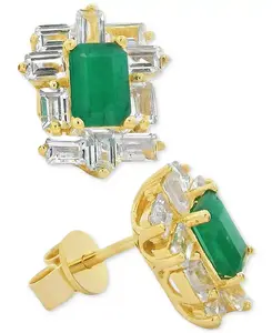 Серьги-Гвоздики багетной огранки «гало» с изумрудами (1 карат) и белыми топазами (2 карата) из стерлингового серебра с позолотой 14 карат (также с рубинами и сапфирами) Macy'S, emerald