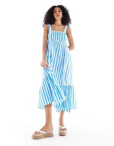 Платье миди New Look в полоску с завязками на спине и оборками синего цвета