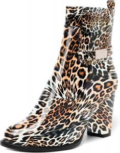 Женские ботинки AMBELIGHT с лакированной застежкой-молнией, повседневные, с круглым носком, на массивном высоком каблуке, ботильоны, 8,4 см, Gold Leopard