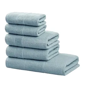 Мой домашний набор полотенец Kimi, душевая ткань, полотенца и гостевые полотенца Набор из 5 штук, махра 100% хлопок, однотонные, мягкие, с каймой, с особой текстурой My Home, светло-голубой