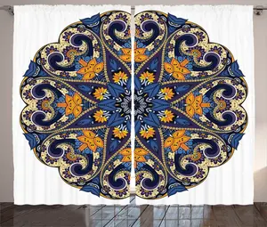 Штора ABAKUHAUS в этническом деревенском стиле с цветочным мотивом Мандала, универсальная, для гостиной, с петлями и крючками, 280 x 175 см, цвет: синий, оранжевый, фиолетовый Abakuhaus