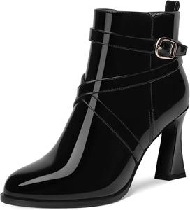 Женские повседневные ботильоны NUMALEO с перекрестным ремешком, теплой пряжкой, лакированные, с округлым носком, на открытом воздухе, с блочным высоким каблуком 3,3 дюйма, Black