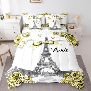 Erosebridal Комплект постельного белья Yellow Bowknot с розовым цветочным принтом и Эйфелевой башней, Yellow