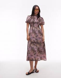 Платье миди & Other Stories с рукавами-фонариками, лифом на сборках и абстрактным принтом сиреневого цвета