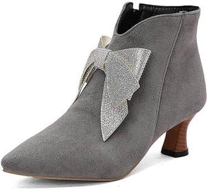 Женские замшевые ботильоны с бантом и стразами, на каблуке-китен, с боковой молнией, модные, удобные, с заостренным носком, низким каблуком, короткие сапожки для осени и зимы, для ношения на улице LVOMU, Grey