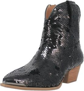 Женские ботильоны YDN с закрытым носком, пайетки, на низком грубом каблуке, с боковой молнией, вестерн-стиль, блестящие зимние праздничные туфли, размеры 4-16 US, Black