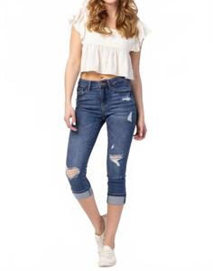 Джинсы средней посадки с потертостями и манжетами - Plus, синие Judy синий, синий