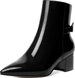 Женские ботильоны AMBELIGHT с молнией, с острым носком, повседневные, лакированные с бантом, на низком массивном каблуке, высотой до щиколотки, 5 см, Black