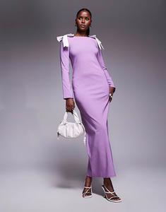 Платье макси с бантом на плече в сиреневом и белом цветах Daska