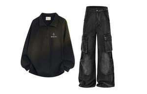 Повседневная спортивная одежда Unisex с лацканом Lapel Moderate X1617, черный top+черный pants