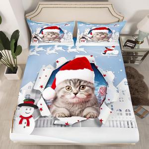 Erosebridal Комплект постельного белья 3Pcs Christmas Cat с новогодним дизайном котиков и снеговиков, Sky Blue White