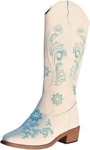 Женские ковбойские сапоги IWIHMIV с широким голенищем, до колена, с вышивкой, в ретро-западном стиле, на невысоком массивном каблуке, White