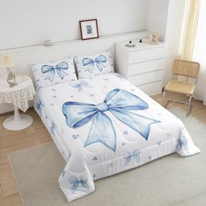 Erosebridal Комплект постельного белья Kawaii с голубыми бантами и сердечками в стиле принцесс, мягкий и дышащий, Blue White