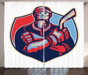 Штора ABAKUHAUS "Хоккей на льду", вышивка "Игрок держит", присборенная штора из тесьмы для спальни с петлями и крючками, 280 x 175 см, цвет: темно-коралловый, светло-голубой Abakuhaus