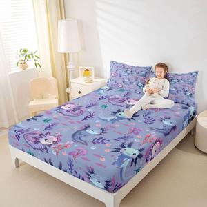 Erosebridal Комплект постельного белья Cute Axolotl с принтом саламандр и морских растений, фиолетовый, Purple Pink